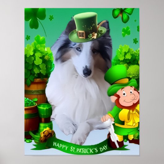 White Rough Collie celebrating St. Patrick's Day ポスター (正面)