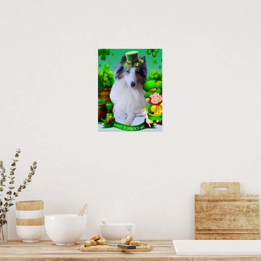 White Rough Collie celebrating St. Patrick's Day ポスター (キッチン)