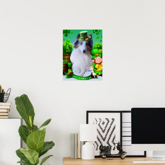 White Rough Collie celebrating St. Patrick's Day ポスター (ホームオフィス)