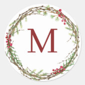 White Rustic Christmas Wreath Monogram ラウンドシール (正面)