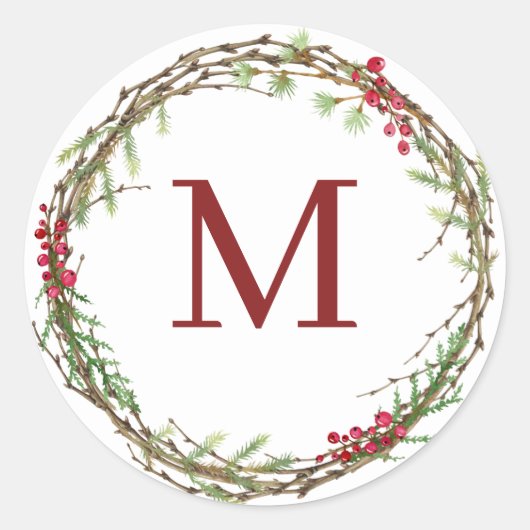White Rustic Christmas Wreath Monogram ラウンドシール (正面)