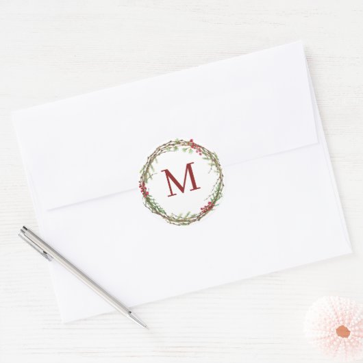 White Rustic Christmas Wreath Monogram ラウンドシール (封筒)
