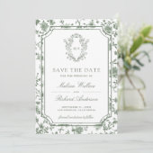 White Sage Green Chinoiserie Crest Photo Wedding セーブザデート (スタンド正面)