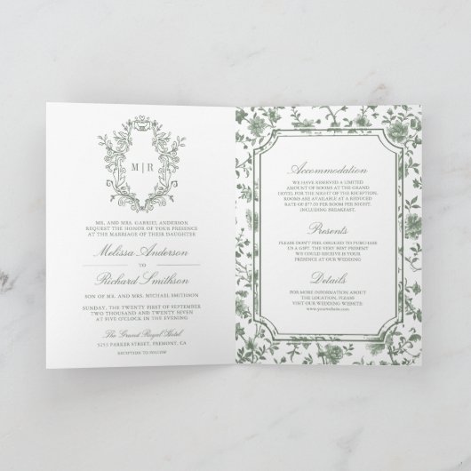 White Sage Green Chinoiserie Crest QR Code Wedding 招待状 (内部)