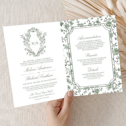 White Sage Green Chinoiserie Crest QR Code Wedding 招待状