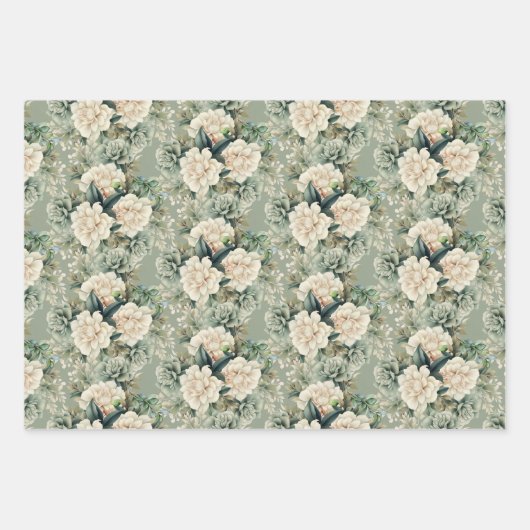 White Sage Green Floral Botanical Gift ラッピングペーパーシート (正面)