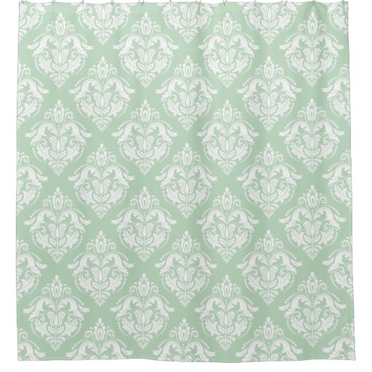 White & Sage Green Floral Damasks Pattern シャワーカーテン (正面)