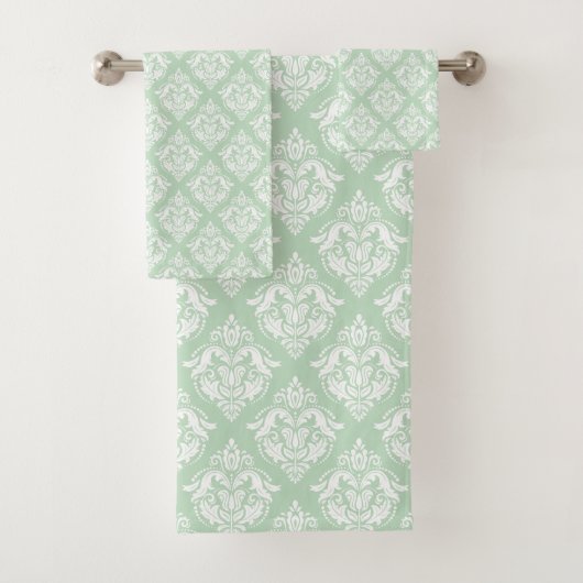 White & Sage Green Floral Damasks Pattern バスタオルセット (インサイチュ)