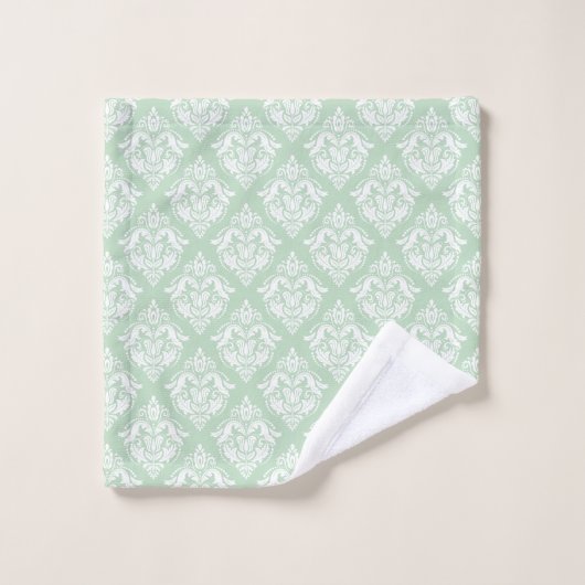 White & Sage Green Floral Damasks Pattern バスタオルセット (ウォッシュタオル)