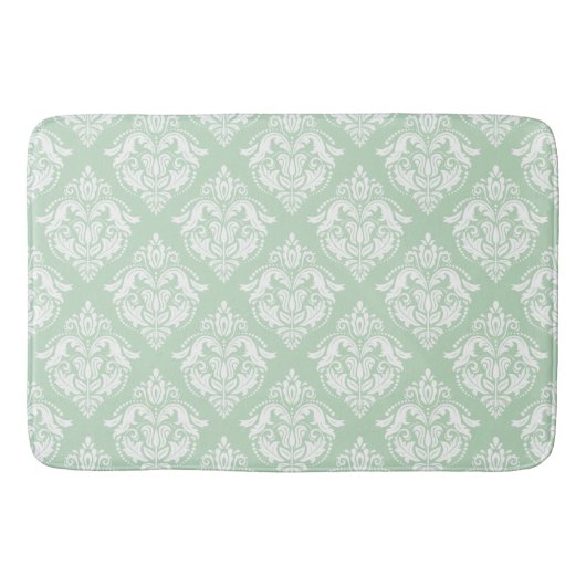 White & Sage Green Floral Damasks Pattern バスマット (正面)