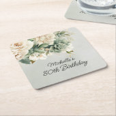White Sage Green Floral Gold 80th Birthday スクエアペーパーコースター (アングル)