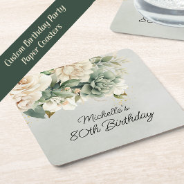 White Sage Green Floral Gold 80th Birthday スクエアペーパーコースター