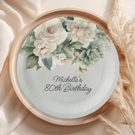 White Sage Green Floral Gold 80th Birthday ペーパープレート