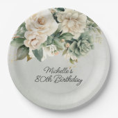 White Sage Green Floral Gold 80th Birthday ペーパープレート (正面)