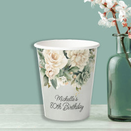 White Sage Green Floral Gold 80th Birthday 紙コップ