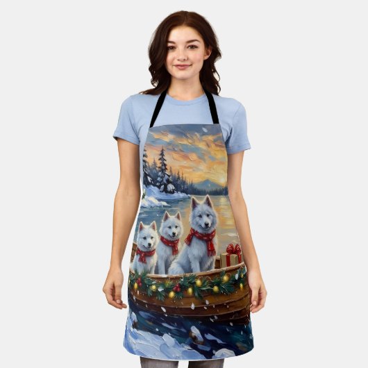 White Samoyed Christmas Boat Holiday エプロン (着用した状態)