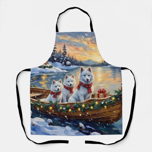 White Samoyed Christmas Boat Holiday エプロン (正面)