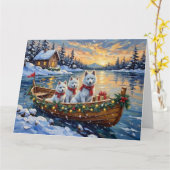 White Samoyed Christmas Boat Holiday カード (黄色い花)