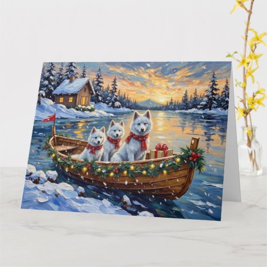 White Samoyed Christmas Boat Holiday カード (黄色い花)