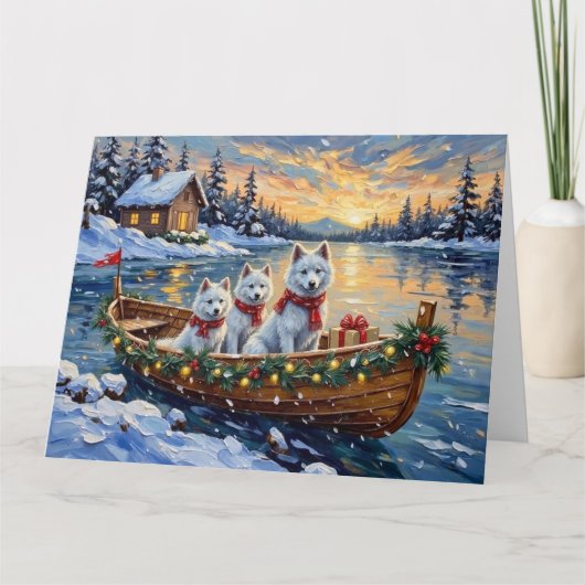 White Samoyed Christmas Boat Holiday カード (正面)