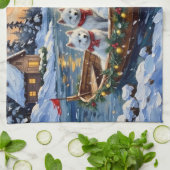 White Samoyed Christmas Boat Holiday キッチンタオル (折り畳み)