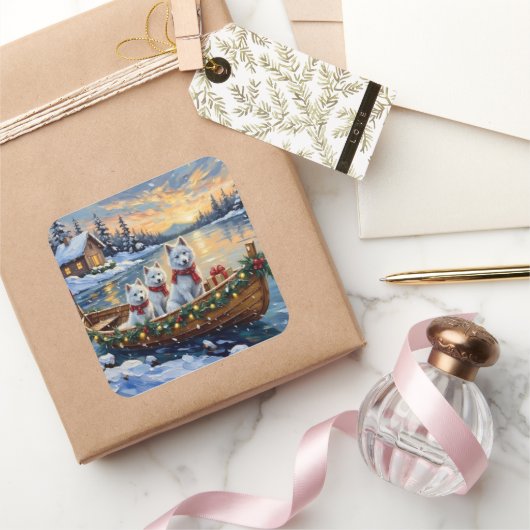 White Samoyed Christmas Boat Holiday スクエアシール (ギフト)