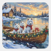 White Samoyed Christmas Boat Holiday スクエアシール (正面)