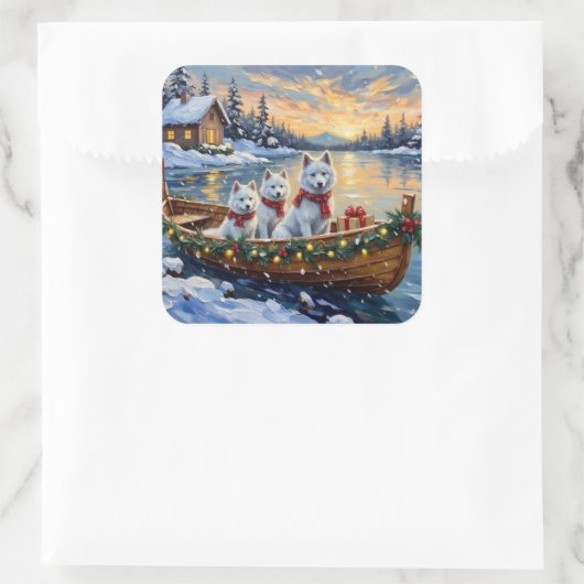 White Samoyed Christmas Boat Holiday スクエアシール (バッグ)