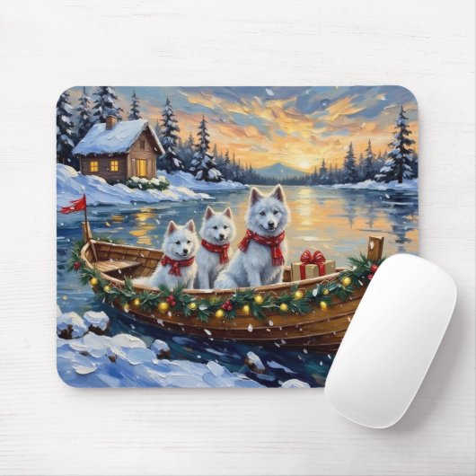 White Samoyed Christmas Boat Holiday マウスパッド (マウス)