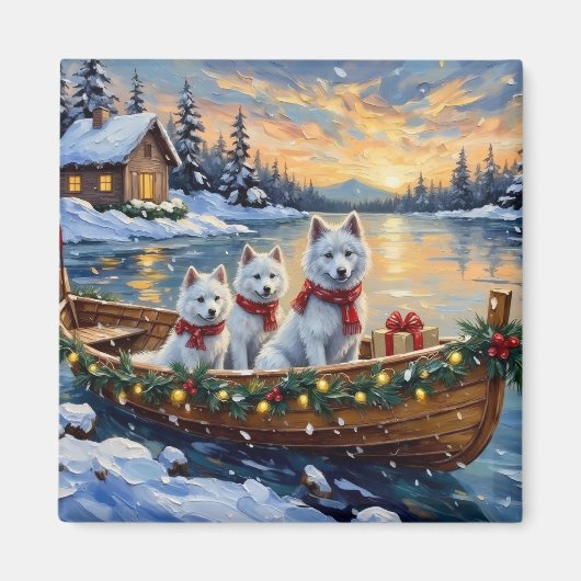 White Samoyed Christmas Boat Holiday マグネット (正面)