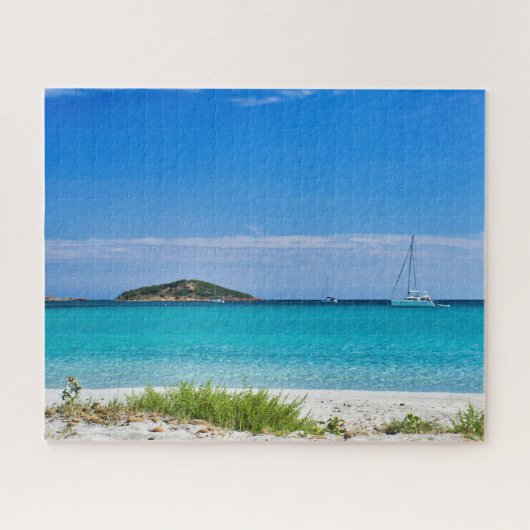White sand beach turquoise water islet & sailboat ジグソーパズル (横)