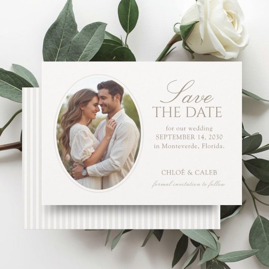 White & Sand | Stripe Oval Photo Wedding Save  セーブザデート