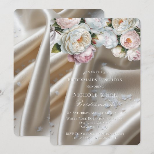 White Satin Roses and Peony Bridesmaids Luncheon 招待状 (正面/裏面)