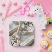 White Satin with Roses and Peony Wedding ペーパープレート (パーティー)