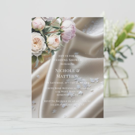 White Satin with Roses and Peony Wedding Shower 招待状 (スタンド正面)