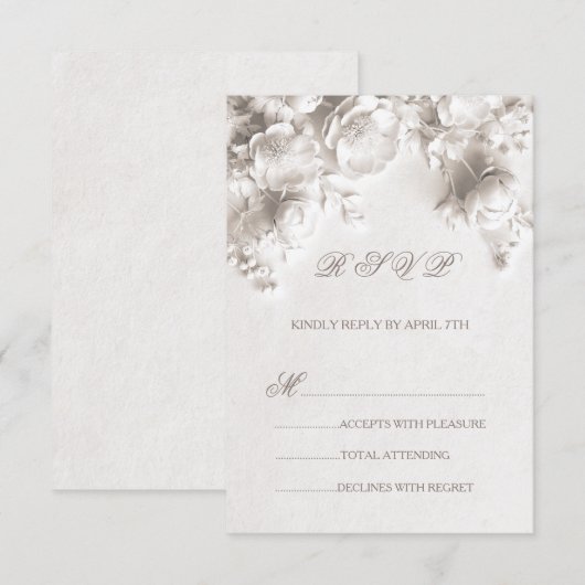 White Sculptural Flowers Wild Roses 出欠カード (正面/裏面)