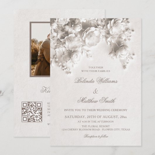 White Sculptured Flowers 3D Roses Wedding 招待状 (正面/裏面)