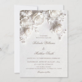 White Sculptured Flowers 3D Roses Wedding Invitati 招待状