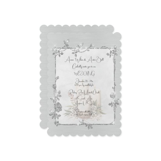 White Shiny Elegant Sparkly Frame Wedding 招待状 (正面/裏面インサイチュ)