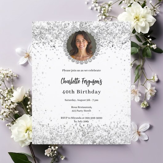 White silver photo diamonds birthday 招待状