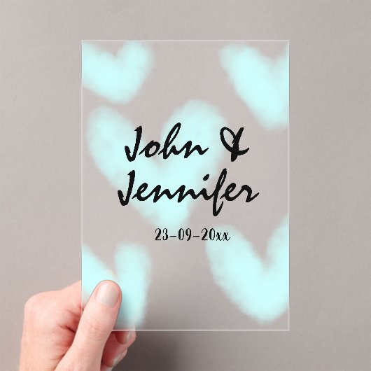 white simple minimal text style wedding blue heart アクリル招待状 (インサイチュ (ポータブル))