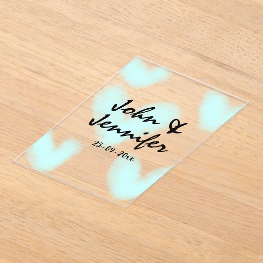 white simple minimal text style wedding blue heart アクリル招待状 (レイダウン)