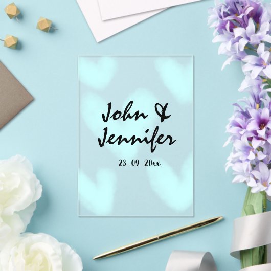 white simple minimal text style wedding blue heart アクリル招待状 (インサイチュ (ウェディング))