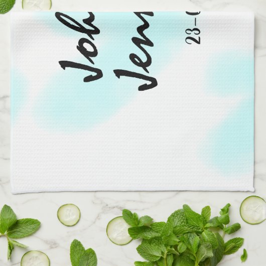 white simple minimal text style wedding blue heart キッチンタオル (折り畳み)