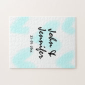 white simple minimal text style wedding blue heart ジグソーパズル (横)