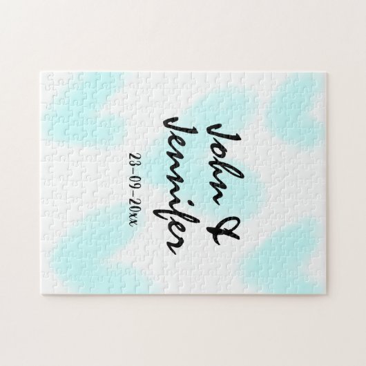 white simple minimal text style wedding blue heart ジグソーパズル (横)