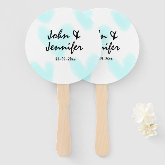 white simple minimal text style wedding blue heart ハンドファン (正面&裏面)
