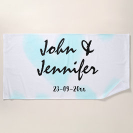 white simple minimal text style wedding blue heart ビーチタオル