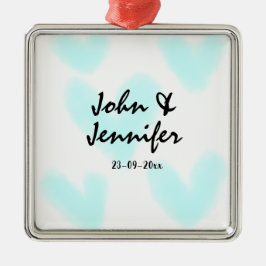 white simple minimal text style wedding blue heart メタルオーナメント