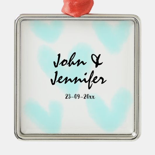 white simple minimal text style wedding blue heart メタルオーナメント (正面)